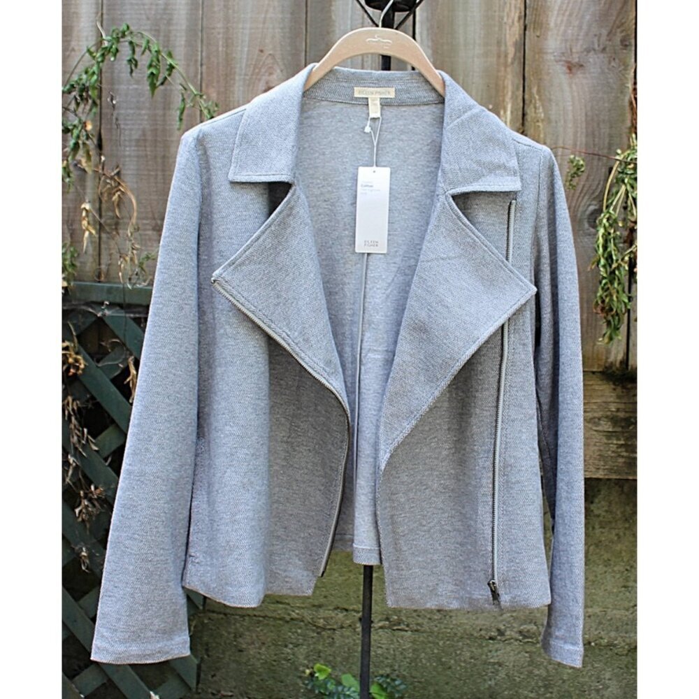 New w/Tags - Eileen Fisher Organic Cotton Herringbone Moto Jacket, Moon, Med